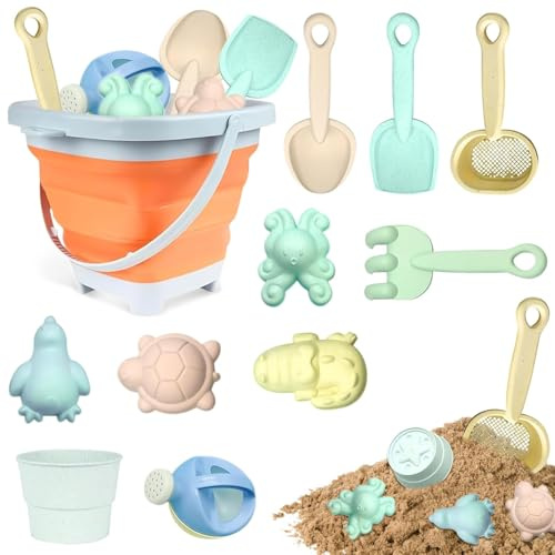 11pcs Sandspielzeu set,Sandspielzeug Kinder,Sandkasten Spielzeug,sandspielzeug eimer,silikon sandspielzeug,mit Faltbarer Eimer, Schaufel, Sandharke, Sandförmchen, Für Kinder Jungen Mädchen (Orange)