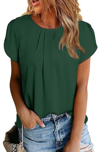 Dokotoo Damen Bluse Kurzarm Falten Tunika Elegant Chiffon Blusenshirt Sommer Rundhals Lose Oberteile Shirts Top, grün, L