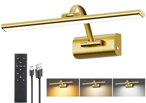 HUAEU Bildbeleuchtung Kabellos, 5200mAh Akku Bilderleuchte 40cm | LED Wandleuchte Innen mit Fernbedienung & Timer, Dimmbar 3 Farbtemperaturen Bilderlampe für Malen Foto Dartbrett, Gold