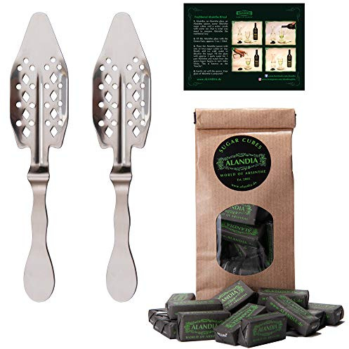 Absinth Löffel Set von ALANDIA | 2X Löffel aus Edelstahl | 1X Absinth Zuckerwürfel | 1X Trinkanleitung