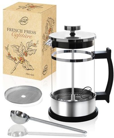 Pro@Home43® French Press 0,6 L aus Glas & Edelstahl – Kaffeebereiter Set mit Ersatzfilter & Kaffeelöffel – manuelle Kaffeemaschine für Tee & Kaffee – auch in 0,35 L verfügbar
