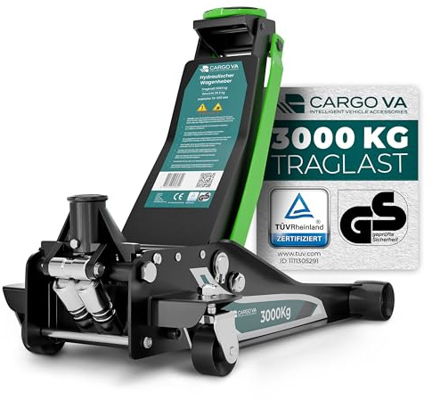 Hydraulischer Wagenheber 3T PRO - TÜV & GS Zertifiziert - Rangierwagenheber 75-505mm flach für PKW SUV & tiefergelegt - 5 Jahre Garantie - CargoVA