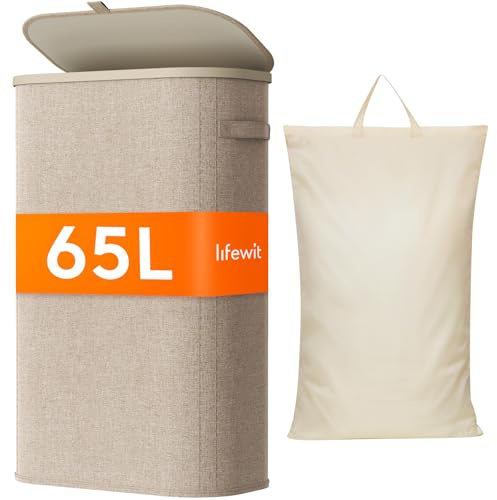 Lifewit Schmal Wäschekorb mit Deckel, 65L Wäschesammler mit Kunststoffrahmen, faltbarer großer Wäschesortierer, Wäschekörbe für Schlafzimmer, Bad, Beige