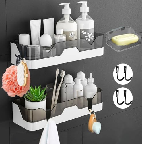 EigPluy 2 Stück Badezimmer Regal, Ohne Bohren Badezimmerregale, Duschregal Plastik Duschkörbe an der Wand montiert für Küchen und Badezimmer(mit 1-Seifenschalen und 4-Haken)