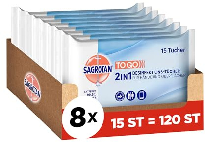 Sagrotan 2in1-Desinfektionstücher - Zur Desinfektion von Händen und Oberflächen - 8 x 15 Feuchttücher in wiederverschließbarer Verpackung