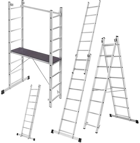 KADAX Aluminium Gerüst, 114 x 214 cm, 16-stufiges Multifunktionsgerüst mit Plattform und rutschfesten Füßen
