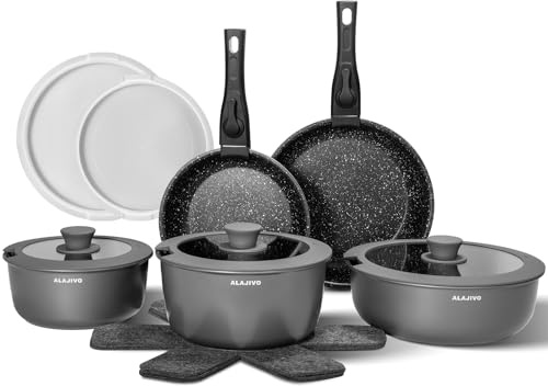 Topfset mit Abnehmbarer Griff, 17-Teilig Topfsets Pfannenset mit Antihaft Beschichtet, Topfset Induktion Kochtopf Set mit Deckel, für Alle Herdarten, Backofenfest, Ofenfest (grau)