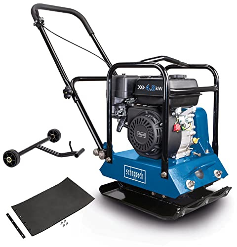 Scheppach Benzin Rüttelplatte HP1200S | 6,5PS Leistung | 15kN Verdichtungsdruck - 30cm Verdichtungstiefe | Vorlaufgeschwindigkeit 25 m/min | inkl. Gummimatte und Fahrvorrichtung