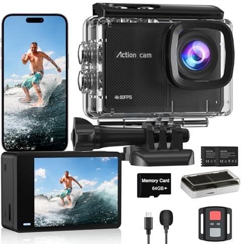 Camlance Action Cam Wasserdicht 4K60FPS mit 64GB Karte,131FT Unterwasserkamera 8X Zoom,WiFi Helmkamera 48MP, Stabilisierte Actionkameras mit Fernbedienung,2 * 1350 Batterien