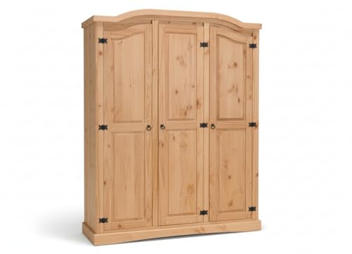 Dynamic24 Schrank Schlafzimmer – New Mexiko Kleiderschrank 3-türig – B152xH193xT54cm – Massivholz Kiefer Natur – Kommode – Garderobenschrank – Mehrzweckschrank – Offener Kleiderschrank – Wardrobe