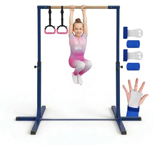 Gym Bar® Kinder Turnstange Blau 13 Stufen mit rosa Turnringen | Kinder Turnstange Höhenverstellbar 90 bis 150 cm, 2 Ringe, Stahl, Buche, Verstellbare Gurte, Max. Belastung : 45 kg