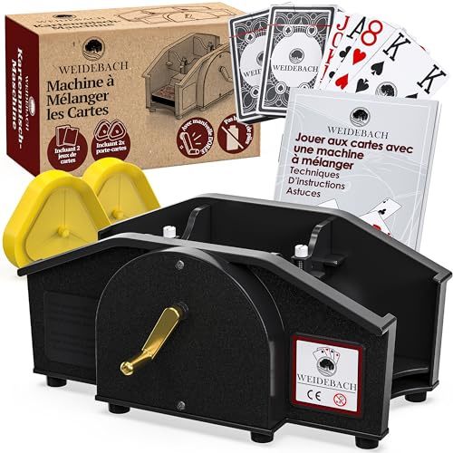 Weidebach® Schwarze Kartenmischmaschine mit Goldener Kurbel für alle Standard Kartenspiele, Kartenmischer mit 2X Kartenspielen & Ersatzkurbel, Karten Mischgerät mit Buch für lustige Spieleabende