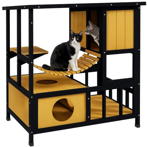 PawHut Katzenhaus aus Holz Wetterfest für 1-2 Katzen 84,5x60x88 cm Gelb | Katzenhöhle für Draußen, Katzenhütte mit Asphaltdach, Hängebrücke, Balkon, Plattform, Schutzhütte, bis 5 kg