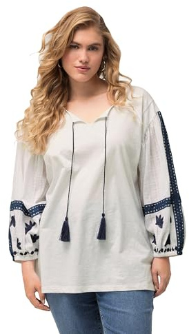 Ulla Popken Damen Bluse, Stickerei, Tunika-Ausschnitt, Langarm Buse Mit An Den Ärmeln, Schneeweiß, 62-64 EU