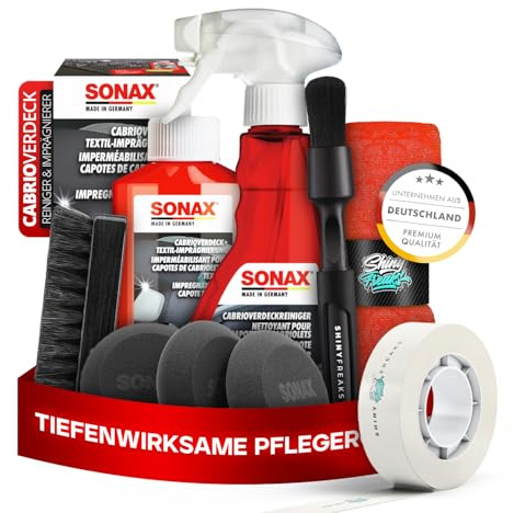 SONAX CabrioverdeckReiniger + Cabrioverdeck Textil-Imprägnierung I Premium Cabrio-Reinigungs-& Imprägnierspray für alle Verdeckarten I Für eine intensive Reinigung & schonende Pflege I 9-teiliges Set