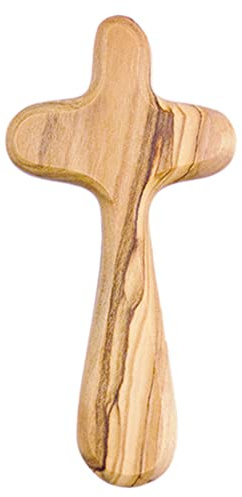 Fritz Cox Holzkreuz aus Olivenholz | Handkreuz und Handschmeichler | kleines Holzkreuz | auch als Sterbekreuz | auf Geschenkkarte | handgefertigt | schöne Maserung | 9cm