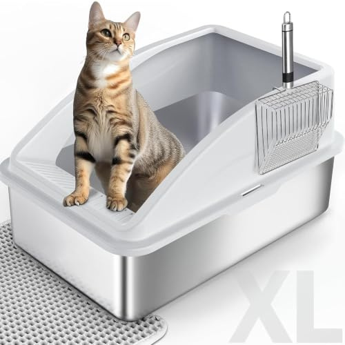 FURTIME Katzenklo Edelstahl XL, 58x37x28.5cm, Silber | Große Kapazität Katzentoilette Edelstahl, Auslaufsicher Gegen Niemals Gerüche, Fleckfrei, mit Metall Katzenstreuschaufel