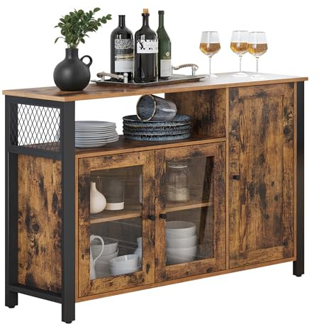 VASAGLE Sideboard, Küchenschrank, Aufbewahrungsschrank, mit 3 Türen, für Wohnzimmer, Küche, Esszimmer, 33 x 110 x 75 cm, Landhausstil, vintagebraun-schwarz LSC096B01