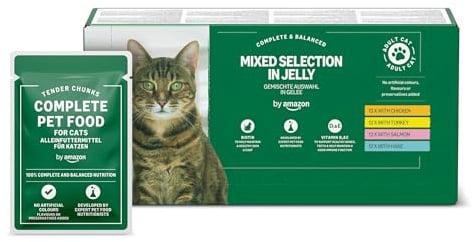 by Amazon Katzenfutter, nass, getreidefreies, für ausgewachsene Katzen, gemischte Auswahl in Gelee, 4,8 kg (48 Packungen à 100 g)