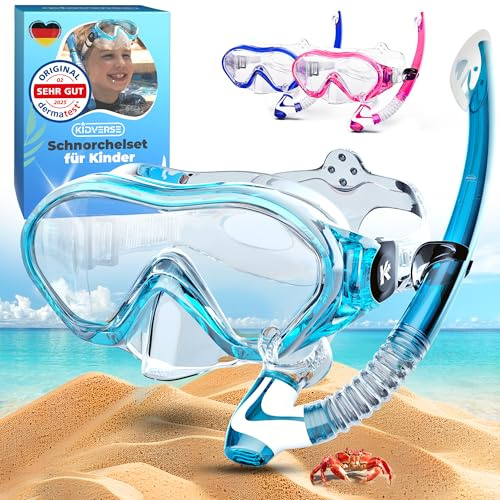 KIDVERSE Taucherbrille Kinder mit Schnorchel ab 5 Jahre - CE & Dermatest geprüfte Taucherbrille mit Schnorchel & Nase - Schnorchelset Kinder Stoffband oder Silikonband - Alternative zu Schnorchelmaske