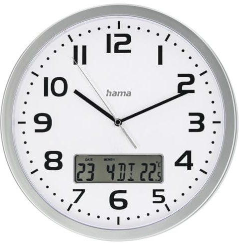 Hama Funkwanduhr Moorea (DCF Funkuhr, Digitale Anzeige von Datum u. Temperatur, Zeitzone einstellbar, Ø 30cm, großes Ziffernblatt, analoge Wanduhr, Sekundenzeiger, 7 Sprachen, inkl. Batterie) Silber