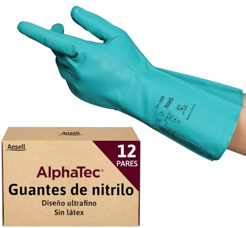 Ansell AlphaTec 37-300 Mehrzweckhandschuhe aus Nitril, Chemikalienschutz, Lebensmittel Geeignet, Wiederverwendbare Nitrilhandschuhe, Hausputz, Haushalt, Kochen, Grün, Größe M (12 Paar)