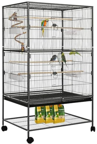 LIFERUN Vogelkäfig groß, Vogelkäfig aus Metall, Vogelbauer mit 4 Rollen, Wellensittich käfig mit Futternapf, Käfigspielzeug, Spring-Schaukel für Vogel mit 2 Türen 4 Holzstangen, 132 x 78 x 52 cm
