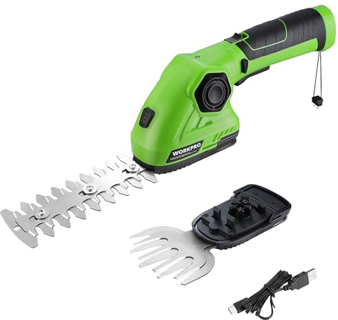 WORKPRO Akku Gras- und Strauchschere, kabellose handliche Grasscheren 7,2V, 2000mAh, 2 Verschiedene Messer, Schnittbreite 9,7cm, Schnittlänge 14cm, mit Akku und Ladekabel