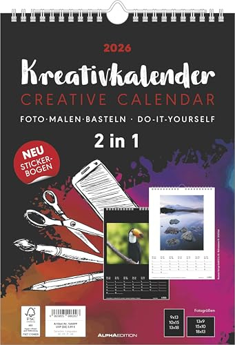 Alpha Edition - Kreativ-Kalender A4 2 in 1 Schwarz & Weiß 2026 – Bastelkalender (21×29,7 cm) mit beidseitigem Design & Platz für Fotos, ideal zum Malen, inkl. gestaltbarem Titelblatt