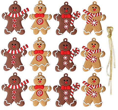 Elionless Weihnachtsbaumschmuck, 12 Stück, traditioneller Ingwer Mann, Weihnachtsbaumschmuck zum Aufhängen, Charms (Lebmann B)