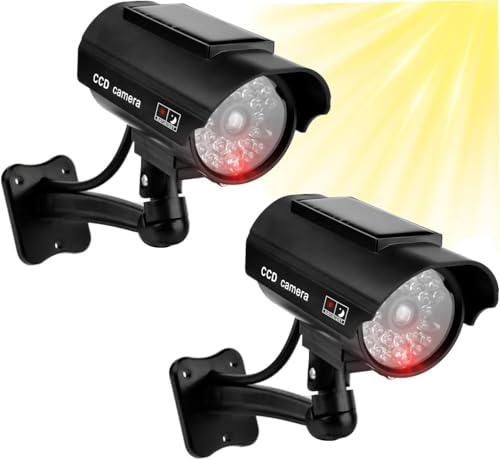 2er Kamera Attrappe Außen Solar Dummy Überwachungskamera – Dummy Kamera mit Rot Blinklicht & 360° Rotation, Wetterfest Solarbetrieb Fake Sicherheitskamera zur Abschreckung mit Warnaufkleber Schrauben