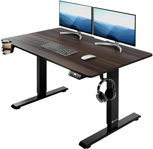 CASARIA® Höhenverstellbarer Schreibtisch Elektrisch, Braun - 110 cm x 60 cm - Memory Funktion - LCD Bedienelement mit Höhenanzeige - Getränke- & Kopfhörerhalter - Traglast 80kg, Stabile Konstruktion
