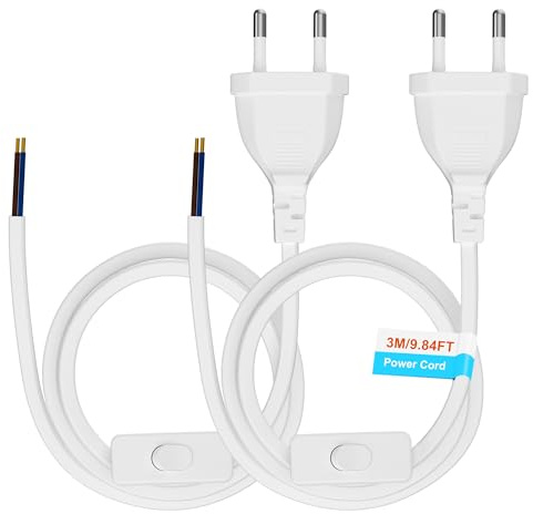 Euro Netzkabel mit Schalter [2 Stück], 3 Meter Euro Stecker Stromkabel, 2 X Ersatzkabel Anschlusskabel mit Schalter Typ C, 2 x 0,75 mm², für Leuchten, Lampen, Leuchtmittel, Weiß