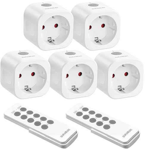 SURAIELEC Funksteckdosen-Set mit Fernbedienung, 16A/3680W, 5 Steckdosen | Inklusive 2 Fernbedienungen. Kabelloses Funksystem für Innen mit 30m Reichweite. Energiesparend, CE & RoHS Zertifiziert