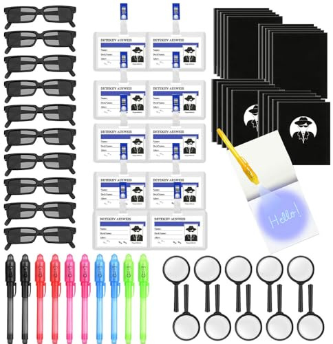 Vmxlso 60 Teile Kinderdetektiv-Set, Kinderdetektiv-Kit mit UV-Stift und Notizbuch, Detektivausweis für Detektiv, Brille für Agenten, Lupe, Detektiv für Kindergeburtstag