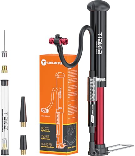 Tiakia Fahrrad Standpumpe mit Manometer, kleine Pumpe für alle Ventile, Aluminium Mini Reifenpumpe, tragbare Luftpumpe für Schrader & Presta Ventil, für Straße & Mountainbike (Schwarz-220PSI)