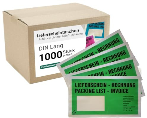 dm-folien Lieferscheintaschen DIN LANG I 1000 Stück I Selbstklebende Versandtaschen mit Aufdruck I Grün-transparentes Paketzubehör für Lieferscheine & Rechnungen I Versandzubehör aus PP