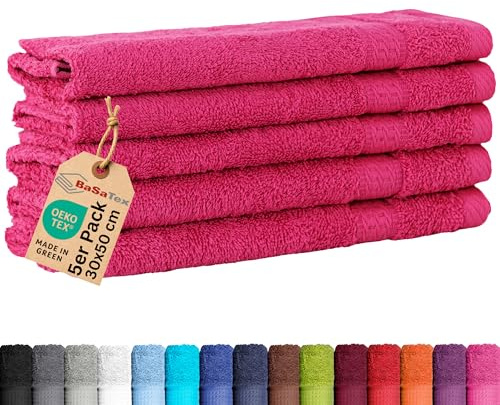 BaSaTex 5er Pack Frottee Gästetücher Set 30x50 - Gästehandtuch aus 100% Baumwolle Made in Green - Farbe: Magenta