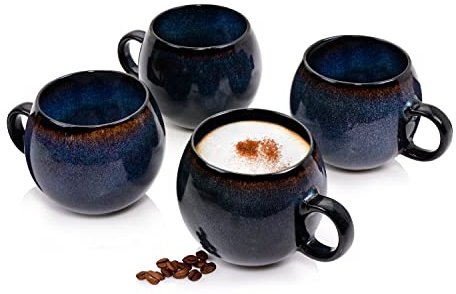 Sänger Cappuccino Tassen Set Tokio 4 tlg, Jumbotasse 4 Personen | Steingut Tasse Spülmaschinenfest, Kaffeetasse Groß Handmade Blau-Schwarz mit Braunen Akzenten 400 ml