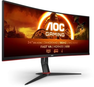AOC CU34G2XPD/BK 34 Zoll Curved, UW-QHD USB Hub Gaming Monitor, 180Hz, Fast VA Panel, 1ms MPRT, Adaptive Sync, HDR400, FreeSync Premium, (3440x1440 HDMI 2X 2.0 DP 2X 1.4) Schwarz/Rot