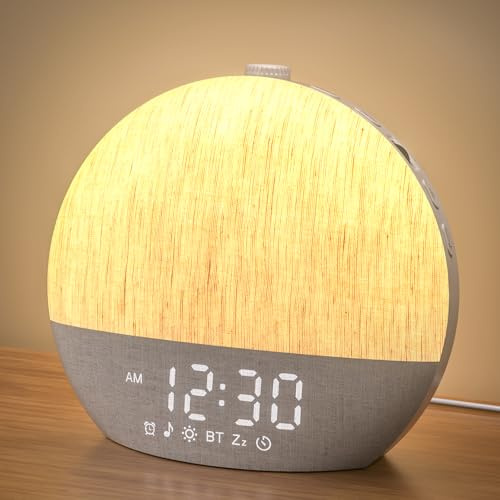 LIORQUE Tageslichtwecker, Lichtwecker Sonnenaufgang Wecker mit Wake Up Light, 17 Farblicht, 30 Beruhigender Klängen, Doppelalarm & Bluetoothfunktion - Allover Stoffdesign Geschenk Erwachsene Kinder