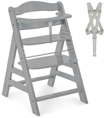 hauck Alpha+, Grey - Mitwachsender Holzhochstuhl aus Buche für Kinder ab 6 Monaten bis 90 kg - Inklusive 5 Punkt Gurt, Schrittgurt, Schutzbügel - Kompatibel mit viel Zubehör