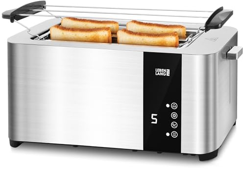LEBENLANG Langschlitz Toaster 4 Scheiben mit Brötchenaufsatz - Touchscreen LED Display & 7 Stufen I 1400W 4er Langschlitztoaster Edelstahl Gebürstet I Smart Touch Toster für große Toastscheiben xxl