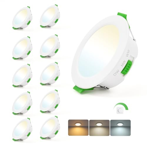 Leselux 5W Einbaustrahler 230V Dimmbar 3CCT Ultra Flach IP44, 10er Set | 65-80mm Lochmaß, 3000K Warmweiß 4000K Neutralweiß 6000K Kaltweiß, 380LM Deckenspots für Badezimmer Küche Wohnzimmer