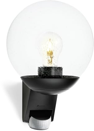 Steinel Außenwandleuchte L 585 S schwarz, 180° Bewegungsmelder, Max. 10 m Reichweite, klassisch, mundgeblasenes Glas