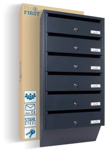 Profirst Briefkastenanlage Maildrop 6 Anthrazit Stahl Zylinderschloss je 2 Schlüssel für 6 Parteien Namensschildhalter inkl. Montagematerial