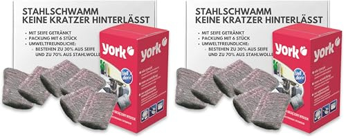 York Stahlschwamm gegen hartnäckige Verschmutzungen, Hochleistungs-Scheuerschwamm, Topfkratzer für Küche, Spüle, Schale, Grill, Schwamm mit Seife, Extra-fein, Edelstahlwolle, 6 Stück (2er Pack)
