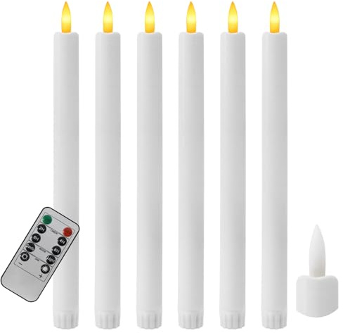 kisidus LED Stabkerzen mit Fernbedienung, 6 Stück, Weiß | Flammenlos, Timerfunktion, Tafelkerzen, LED Kerzen für Weihnachten und Heimdekoration