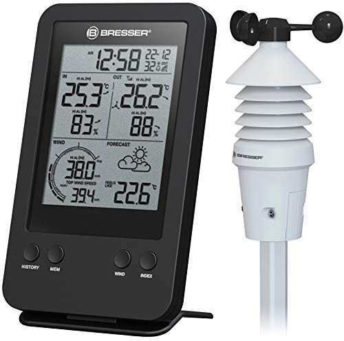 Bresser Wetterstation Funk mit Außensensor 3-in-1 Profi Windmesser mit Anzeige für Windgeschwindigkeit, Temperatur und Luftfeuchtigkeit, Schwarz