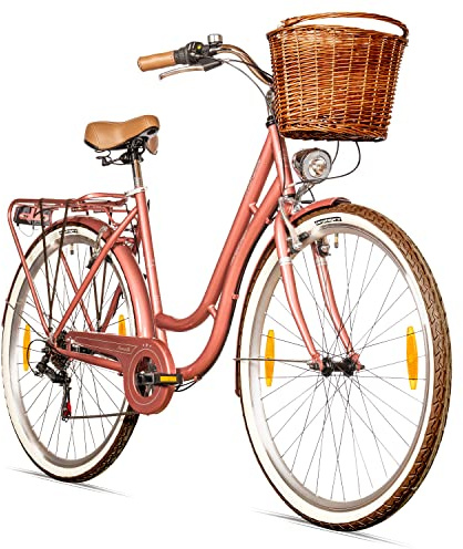 Bergsteiger Marseille 26/28 Zoll Citybike Damenfahrrad Retro 6 Gang | Mit V-Bremsen, StVZO-Beleuchtung und Rattankorb, ideal ab 150 cm für komfortable Fahrten in Stadt und Alltag.